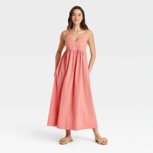 Women's Seersucker Maxi A-Line Dress - A New Day Coral Med Casual Beach Summer